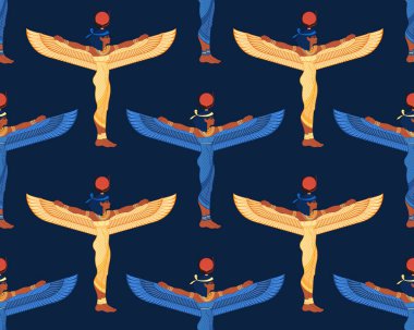 Isis, Mısır mitolojisindeki yaşam ve büyü tanrıçası. Kusursuz desen. Antik Mısır 'ın en büyük tanrıçalarından biri. Vektör çizimi. Kanatlı kadın.