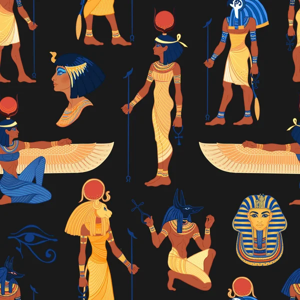 Det antika Egypten. Vintage sömlöst mönster med egyptiska gudar, symboler. Retrohandritad vektorillustration. Ra, Isis, Anubis, Sekhtmet, Kleopatra, pyramid. — Stock vektor