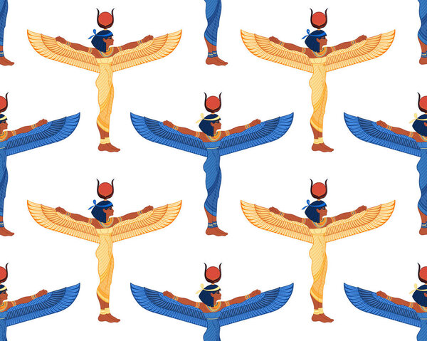 Изида, богиня жизни и магии в египетской мифологии. Бесшовный шаблон. Одна из величайших богинь Древнего Египта. Векторная иллюстрация. Крылатая женщина.
