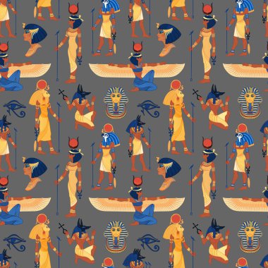 Eski Mısır. Mısırlı tanrılarla, sembollerle klasik, dikişsiz desen. Retro elle çizilmiş vektör çizimi. Ra, Isis, Anubis, Sekhtmet, Kleopatra, Piramit.