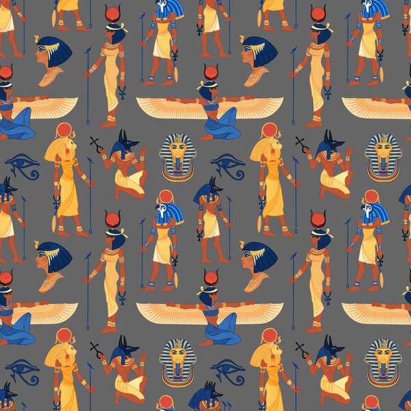 Ancient Egypt. Vintage seamless pattern with Egyptian gods, symbols. Retro hand drawn vector illustration. Ra, Isis, Anubis, Sekhtmet, Cleopatra, pyramid.