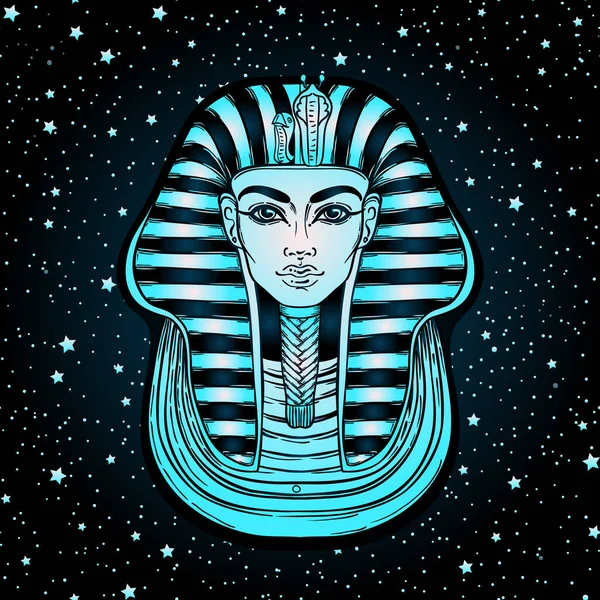 König Tutanchamun Maske, altägyptischer Pharao. Handgezeichnete Vintage Vektor Outline Illustration. Tätowierblitz, T-Shirt oder Poster-Design, Postkarte, Malbuch-Seite. — Stockvektor