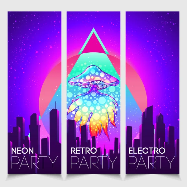 Retro futuryzm. Vintage 80s lub 90s stylu tle z magicznymi grzybami. Dobry design do projektowania nadruku koszulki tekstylnej, ulotki i plakatu. Futurystyczna ilustracja wektora. — Wektor stockowy