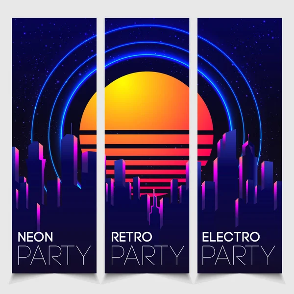 Rave party Flyer design template set in 1980s style. Retro Futurism. Vector futuristic synth wave illustration. 80s Retro poster Background. — Stock Vector