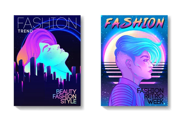 Gaya gelombang synth Futuristic. Templat Retroparty flyer. Potret seorang wanita muda cantik androgini dengan mencukur pendek pixie undercut dalam gaya retro futurisme. Ilustrasi vektor - Stok Vektor