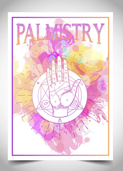 Palmistry, palm reading, chiromancy, or chirology. Business card design template for fortune teller, magician. Vector illustration with a hand. — Stock Vector