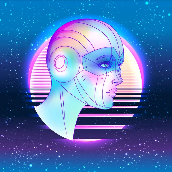 Porträt einer androiden Roboterin im Retro-Futurismus-Stil. Vektorillustration. eines Cyborgs in leuchtenden Neonfarben. futuristische Vorlage für Synthesizerwellen-Flyer. Cyber-Technologie. — Stockvektor