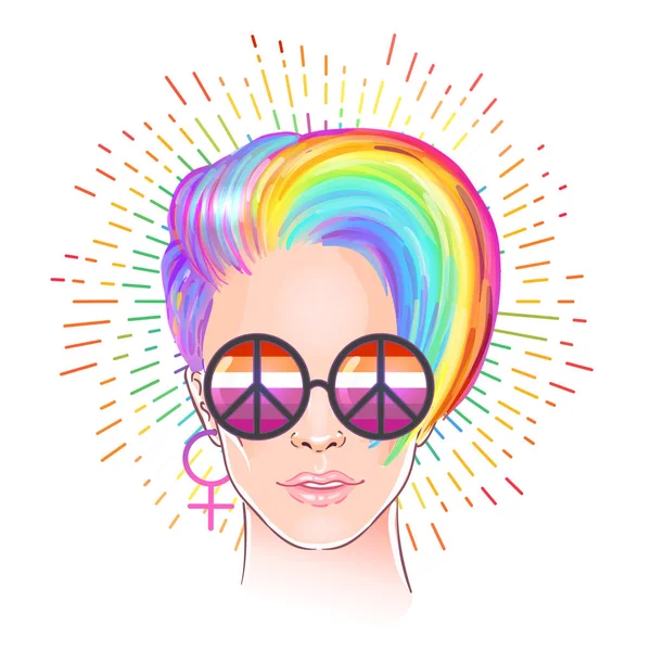 Porträt einer jungen hübschen Frau mit kurzem Pixie-Haarschnitt. Regenbogenfarbenes Haar und Hippie-Sonnenbrille. LGBT-Konzept. Vektor-Illustration isoliert auf Weiß. — Stockvektor