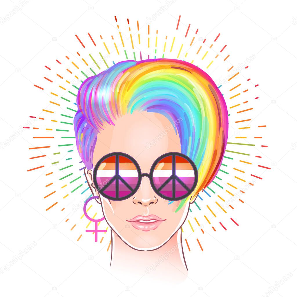 Portrait of a young pretty woman with short pixie haircut. Rainbow colored hair and hippie sunglasses. LGBT concept. Vector illustration isolated on white.