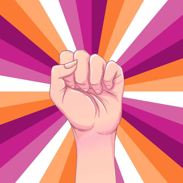 Дизайн плакатов лесбийского сообщества. Полосатый кулак взлетел вверх. Гей Прайд Концепция ЛГБТК. Изолированная цветная векторная иллюстрация.