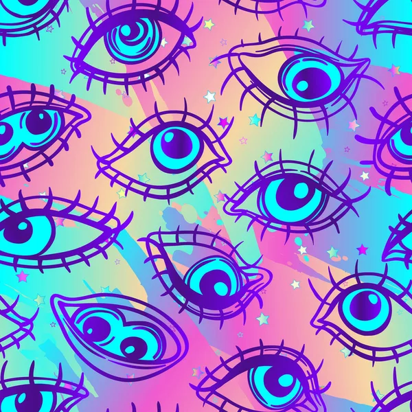 Глаза, бесшовный рисунок над красочными пунктирными ретро 80-ми, абстрактный фон 90-х. Винтажный психоделический текстиль, ткань, обертка, обои. Векторная иллюстрация. Астрология, религия. — стоковый вектор