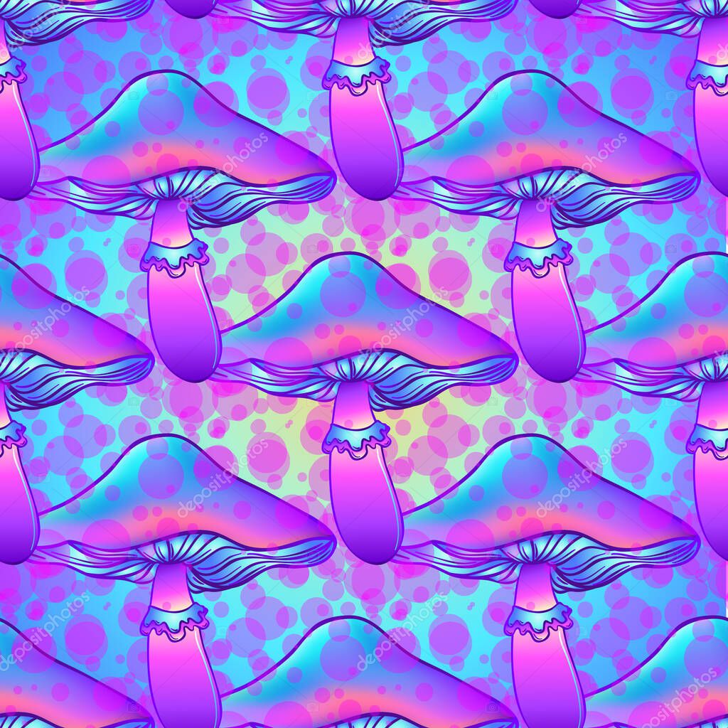 Vettoriale stockFunghi magici. Schema senza soluzione di continuità.  Allucinazioni psichedeliche. Vibrante illustrazione vettoriale. Anni '60  hippie arte colorata. Elemento disegnato a mano in stile etnico. di  ©vgorbash #417905470, image size:1024x1024