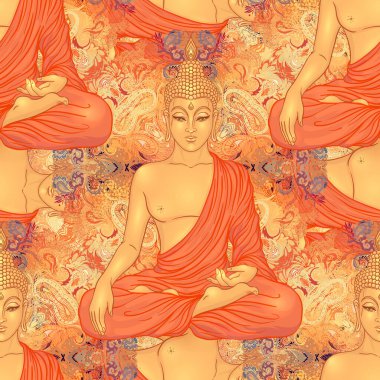 Buda 'nın başı pürüzsüz desen. Klasik dekoratif kompozisyon. Hint, Budizm, Ruhsal Ezoterik, Yoga, Maneviyat. Vektör illüstrasyonu.