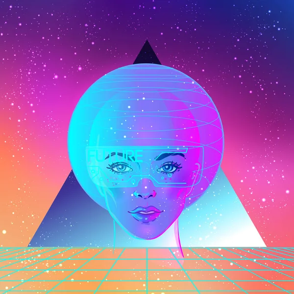 Estilo de onda sintética futurista. Plantilla volante Retroparty. Retrato de mujer andrógina con corte corto de pixie afeitado en estilo futurista retro. Ilustración vectorial en color neón brillante — Archivo Imágenes Vectoriales