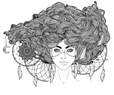 Amerikan yerlilerinin tüyleri ve düş kapanı olan beyaz resimleriyle izole edilmiş. Kabile Füzyonu Boho Diva. Boyama kitabı.