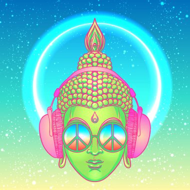 Barış ve sevgi. Gökkuşağı gözlüklü renkli Buda kulaklıkla müzik dinliyor. Vektör çizimi. Güneş gözlüklü hippi barış işareti. Psikedelik konsept. Budizm, trans müzik.,
