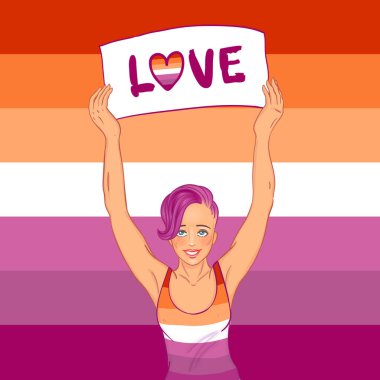 Aşk geçidi. Genç kadın karakter pankart taşıyor. Lezbiyen topluluk bayrağı. Modern kız. LGBT toplum konsepti. Eşcinsel kadın. Vektör çizimi. Pankartlar için tasarım
