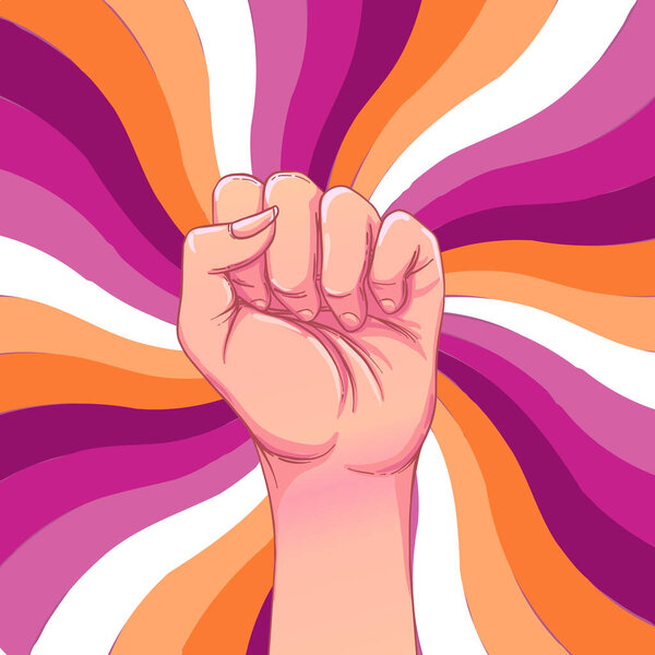 Дизайн плакатов лесбийского сообщества. Полосатый кулак взлетел вверх. Гей Прайд Концепция ЛГБТК. Изолированная цветная векторная иллюстрация.
