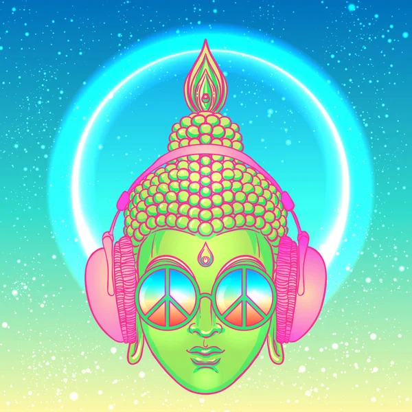 Perdamaian dan Cinta. Buddha berwarna dalam kacamata pelangi mendengarkan musik di headphone. Vektor ilustrasi. Tanda perdamaian hippie pada kacamata hitam. Konsep Psychedelic. Buddhisme, musik kerasukan., - Stok Vektor