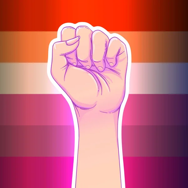 Lesbian community poster design. Striped fist rased up. Gay Pride. LGBTQ concept. Isolated vector colorful illustration. — Stock Vector