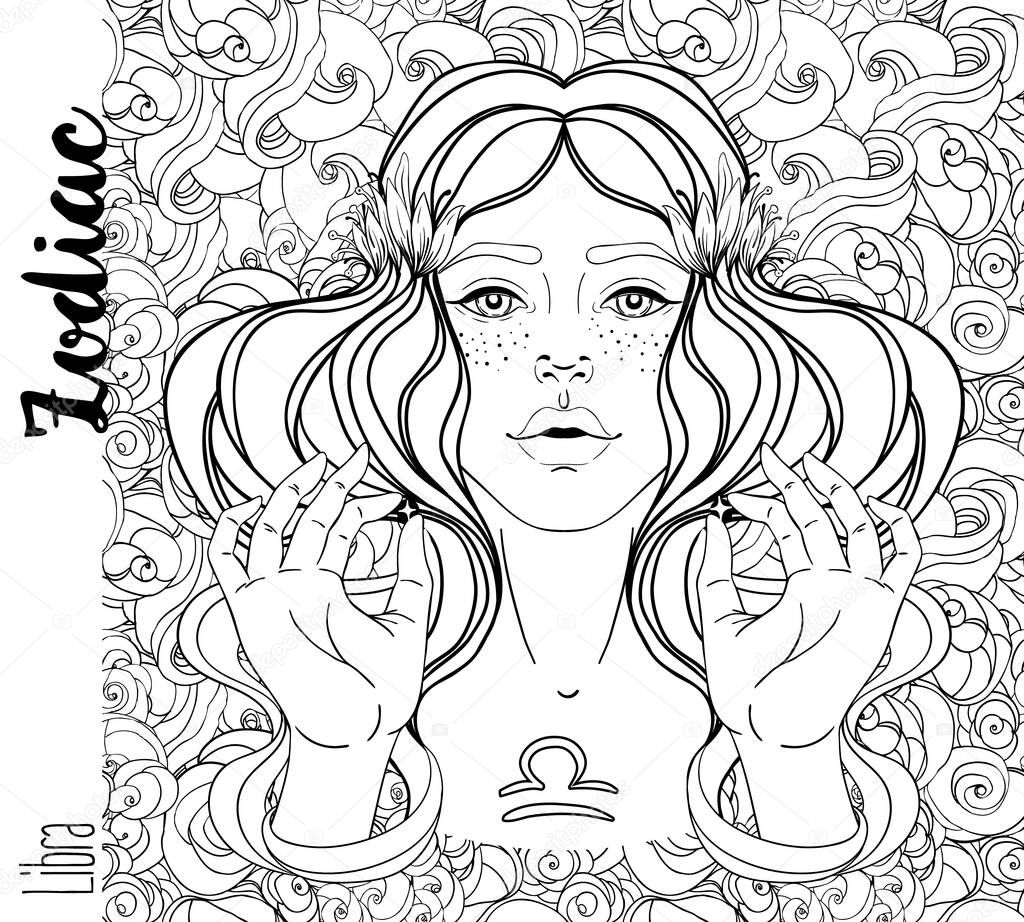 Illustration of Libra astrological sign as a beautiful girl. Zodiac vector drawing isolated in black and white. Future telling, horoscope. Coloring book for adults.