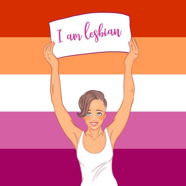 Aşk geçidi. Genç kadın karakter pankart taşıyor. Lezbiyen topluluk bayrağı. Modern kız. LGBT toplum konsepti. Eşcinsel kadın. Vektör çizimi. Pankartlar için tasarım