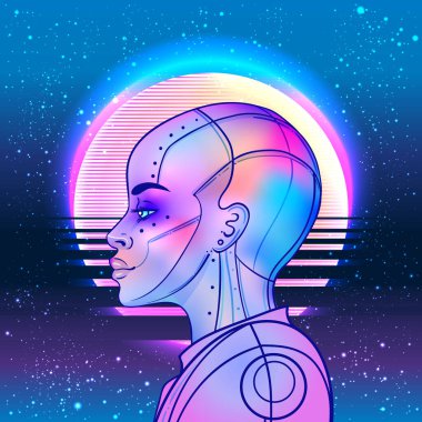 Robot android kadın portresi. Geçmişe dönük fütürizm tarzında. Vektör çizimi. Parlak neon renkli bir sayborgun resmi. Gelecekçi sentetik dalga el ilanı şablonu.