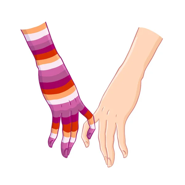 Dos mujeres cogidas de la mano. Bandera de color arco iris comunidad lésbica. Pareja de lesbianas. Ilustración vectorial. Diseño de tarjetas de San Valentín. Señal LGBT para textiles y telas, camisetas — Vector de stock