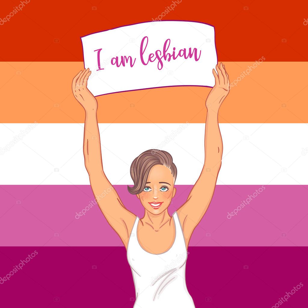 Love parade. Young female character holding banner. Lesbian community flag. Modern girl. LGBT community concept. Gay woman. Vector illustration. Design for banners