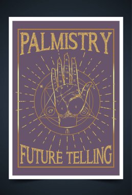 Palmistry, palm reading, chiromancy, or chirology. Business card design template for fortune teller, magician. Vector illustration with a hand. clipart