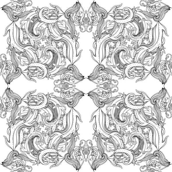 Vector black and white ornamental Lotus Bohemian floral paisley seamless ornament. Folk henna tattoo style pattern. Indian style. Vintage ornate vector wallpaper. — Stock Vector