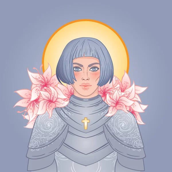 Potret gadis cantik dengan pedang. Ksatria berbaju baja wanita. Vektor ilustrasi. Estetika abad pertengahan. Kekuatan wanita. Joan of Arc terinspirasi. - Stok Vektor