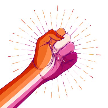 Lezbiyen topluluğu poster tasarımı. Çizgili yumruk sıyrılmış. Gay Gururu. LGBTQ konsepti. İzole vektör renkli illüstrasyon.