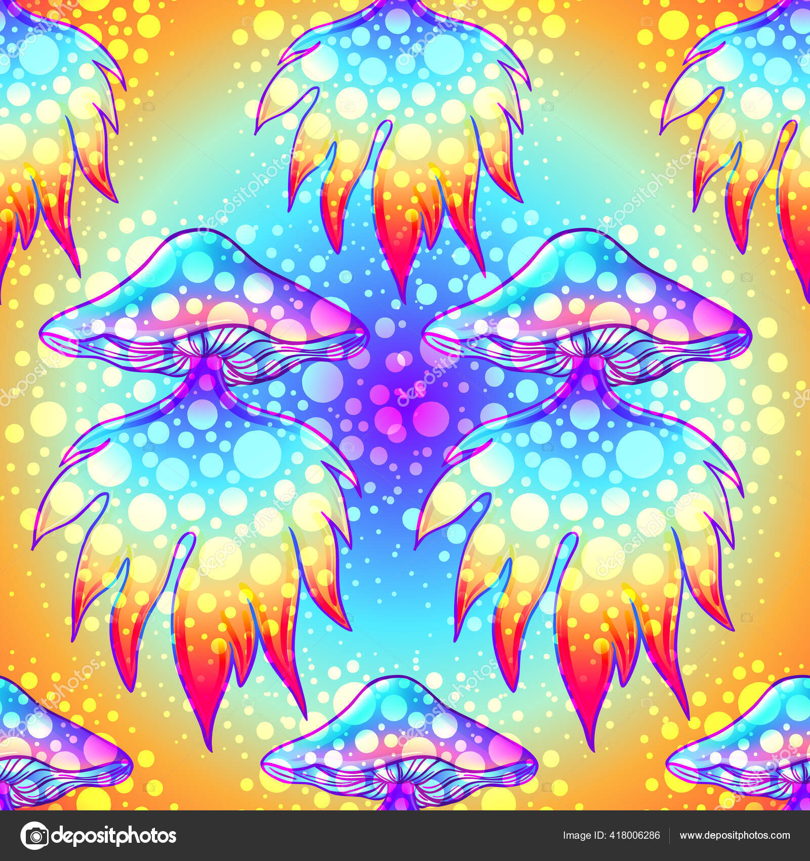 Magic mushrooms. Seamless pattern. Psychedelic hallucination. Vibrant  vector illustration. 60s hippie colorful art. Hand drawn element in ethnic  style. Stock Vector by ©vgorbash 418006286, image size:1600x1700