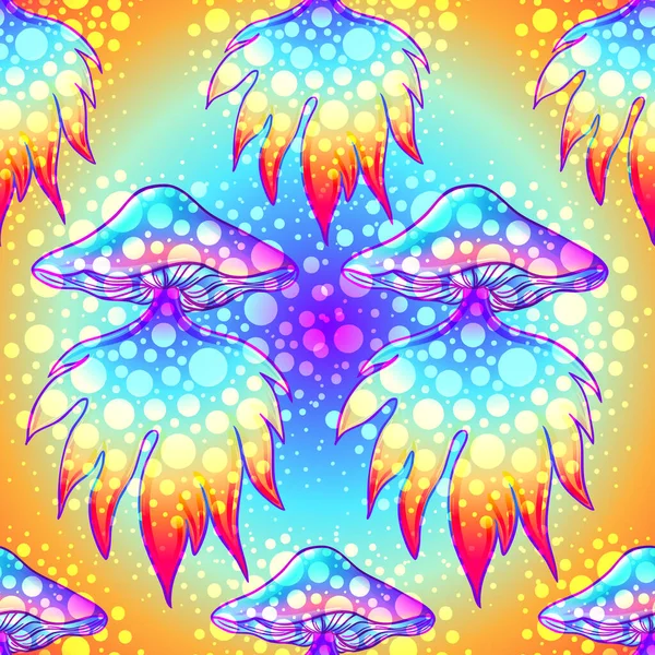 Magiske svampe. Sømløse mønster. Psykedelisk hallucination. Levende vektorillustration. 60 'erne hippie farverig kunst. Håndtegnet element i etnisk stil. – Stock-vektor