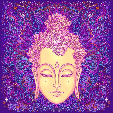Buda 'nın yüzü mandala desenini süslüyor. Esrarengiz klasik vektör çizimi. Hint, Budizm, ruhani sanat. Hippi dövmesi, ruhanilik, Tayland tanrısı, yoga zen