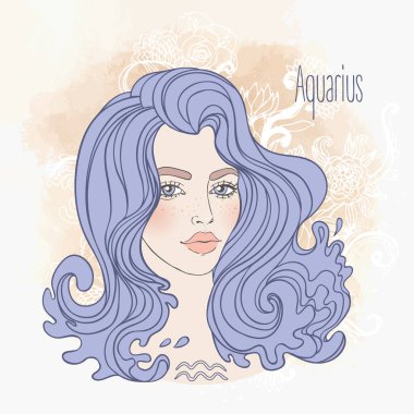 Kova burcunun Zodiac Illustration 'u güzel bir kızken. Vektör sanatı. B Vintage boho tarzı Zodiac desenli, pastel gözlüklü..