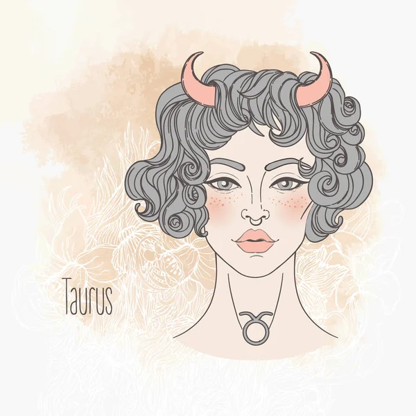 Dierenriem Illustratie van Taurus horoscoop teken als een mooi meisje. Vectorkunst. Vintage boho stijl mode illustratie in pasteltinten. — Stockvector
