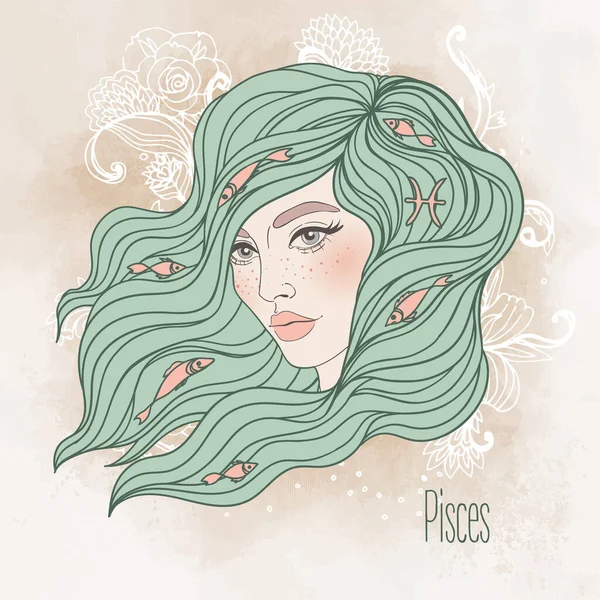 Zodiac Illustration of Pisces zodiac sign as a beautiful girl. Vector zodiac. Vintage boho style fashion illustration in pastel shades. — Stock Vector