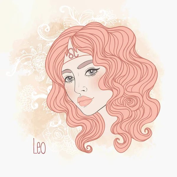 Zodíaco Ilustração de Leo signo astrológico como uma menina bonita. Arte vetorial. Vintage boho estilo ilustração de moda em tons pastel. Livro para colorir. — Vetor de Stock