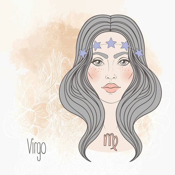 Zodiac illustration of Virgo zodiac sign as a beautiful girl. Vector art. Vintage zodiac boho style fashion illustration in pastel shades.