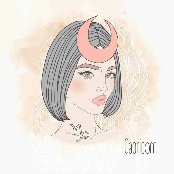 Zodiac Illustration av Capricorn zodiac tecken som vacker flicka isolerad på vitt. Vektor zodiac konst. Vintage boho stil mode illustration i pastell nyanser. — Stock vektor
