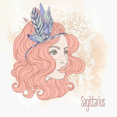 Zodiac Yay burcunun burcu güzel bir kız. Vektör zodyak çizimi. Pastel gölgelerde klasik boho tarzı moda illüstrasyonu.