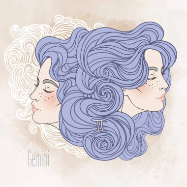 Zodiac burcu. Gemini 'nin güzel bir kız olarak resmedilmiş hali. Vektör. Pastel gölgelerde klasik boho tarzı moda illüstrasyonu. 
