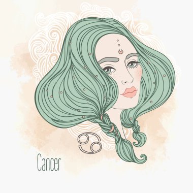 Güzel bir kızken Zodiac burcunun kanser illüstrasyonu. Vektör sanatı. Pastel gölgelerde klasik Zodiac Boho tarzı moda illüstrasyonları..
