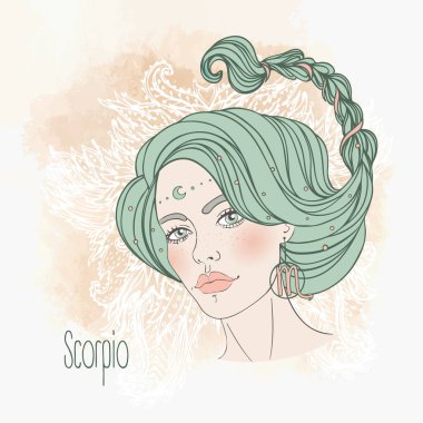 Akrep burcunun Zodiac Illustration 'u güzel bir kızken. Vektör zodyak çizimi. .pastel tonları ile klasik boho tarzı moda illüstrasyonu