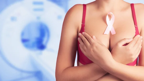 Pink ribbon for breast cancer awareness. Support people living with tumor illness. — Stock Photo, Image