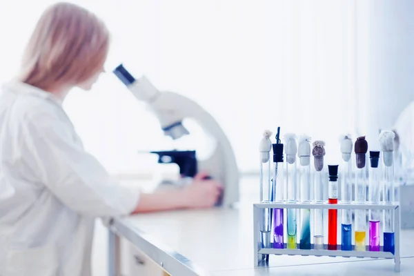 Mesa de laboratorio con productos químicos. Una asistente de laboratorio en el fondo detrás de un microscopio. El concepto de virología y bacteriología — Foto de Stock