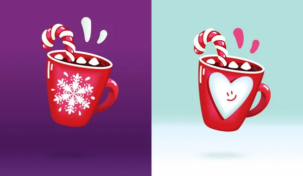 Cacao Taza Roja Navidad Con Malvaviscos Dulces Conjunto Sonrisa Corazón — Vector de stock