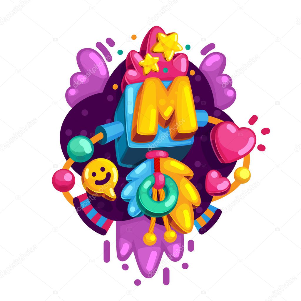 Alphabet letter M vector color illustration.  Initial name